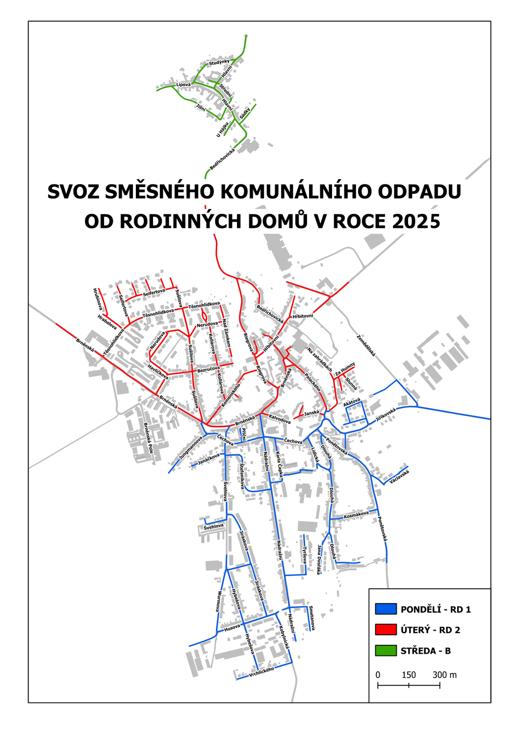 Mapka svozu komunálního odpadu pro rok 2025 pro rodinné domy.